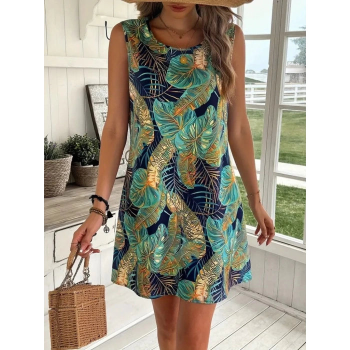 Kadın Sıfır Kollu Yuvarlak Yaka Desenli Süprem Elbise