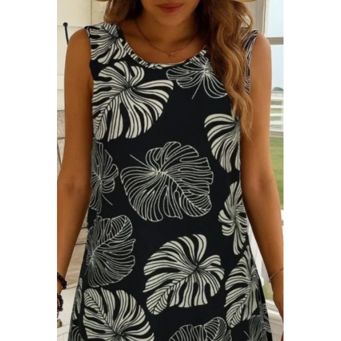 Kadın Sıfır Kollu Yuvarlak Yaka Desenli Süprem Elbise