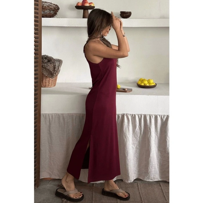 Kadın Siyah Asansör Askılı Çift Yırtmaçlı Helen Elbise