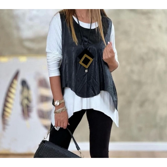 Kadın Siyah Deri Yelekli Kolye Dahil üçlü Takım