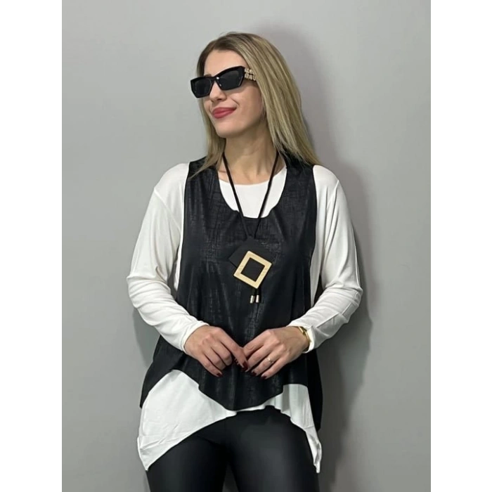 Kadın Siyah Deri Yelekli Kolye Dahil üçlü Takım