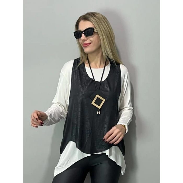 Kadın Siyah Deri Yelekli Kolye Dahil üçlü Takım