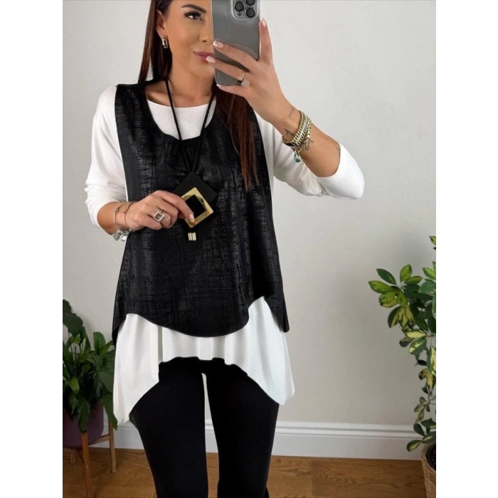 Kadın Siyah Deri Yelekli Kolye Dahil üçlü Takım