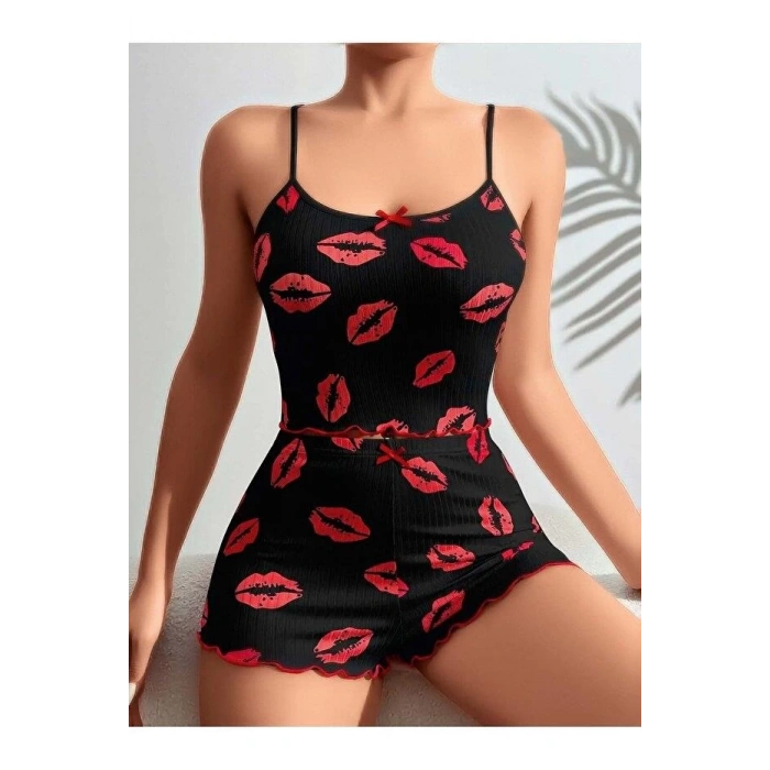 Kadın Siyah Dudak Desenli Şortlu Pijama Takımı 5057