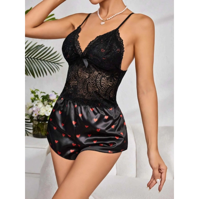 Kadın Siyah Kırmızı Kalp Desenli Saten Şort Pijama Takımı 2232