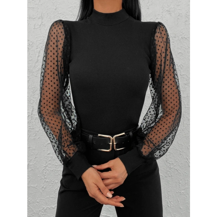 Kadın Siyah Kolu Tül Detaylı Yarım Balıkçı Kaşkorse Bluz 6160