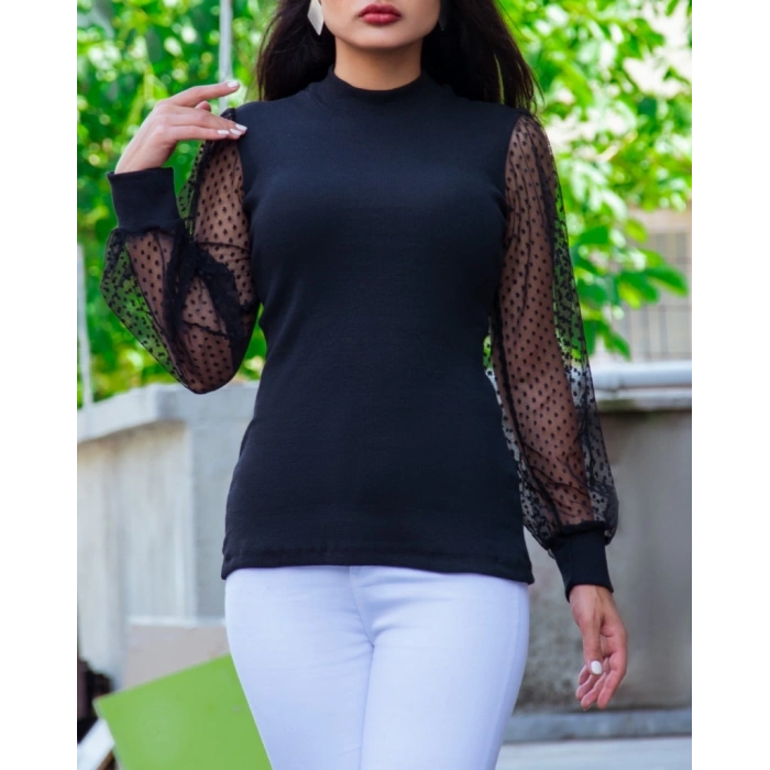 Kadın Siyah Kolu Tül Detaylı Yarım Balıkçı Kaşkorse Bluz 6160