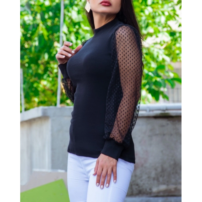 Kadın Siyah Kolu Tül Detaylı Yarım Balıkçı Kaşkorse Bluz 6160