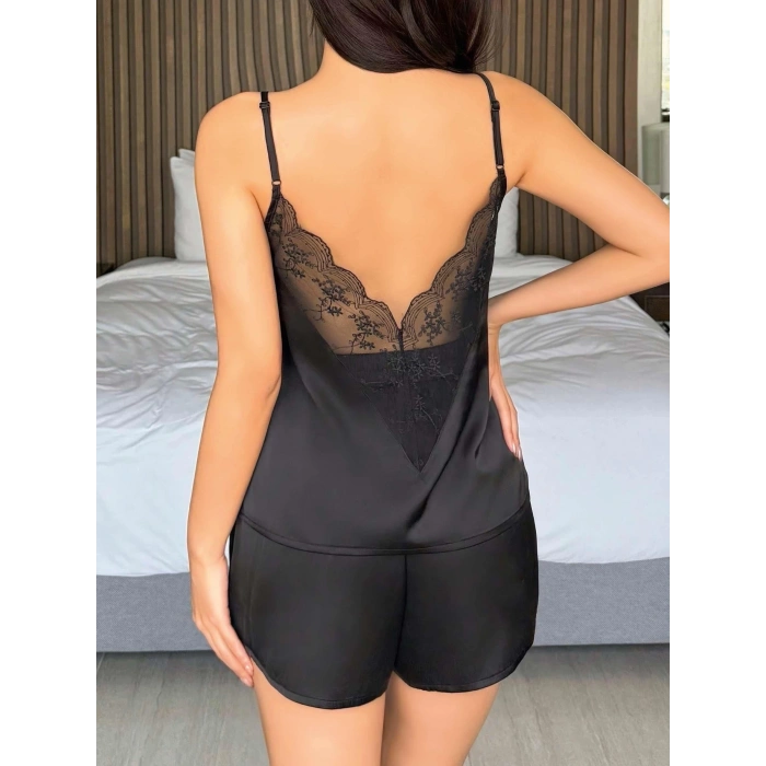 Kadın Siyah  Şort Askılı Dantel Üst Pijama Takımı 2233