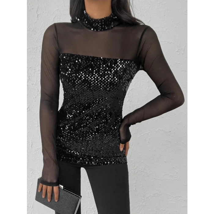 Kadın Siyah Uzun Kollu Kolları Ve Dekolte Tül Ve Payet Detay Balıkçı Yaka Bluz