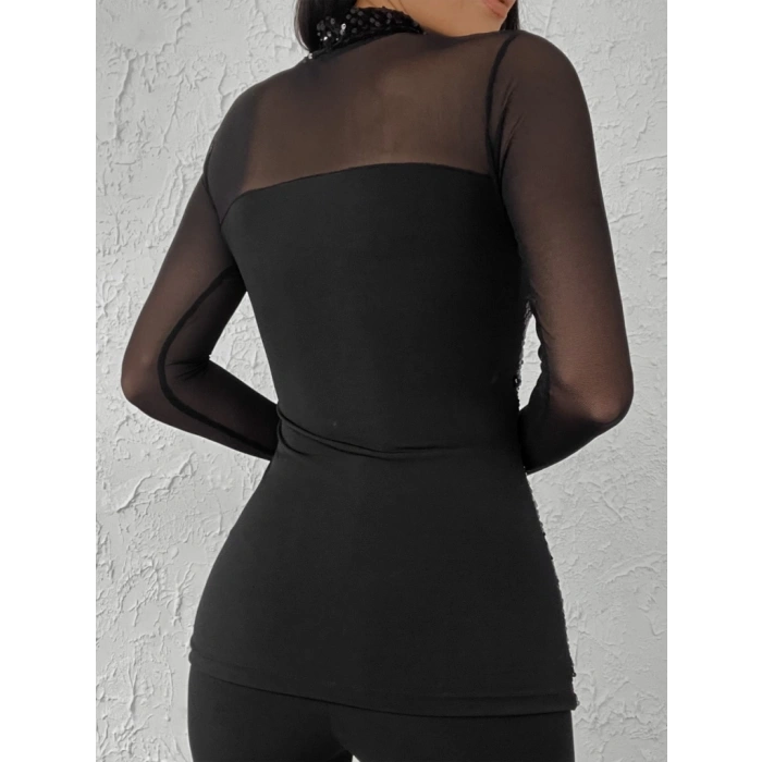 Kadın Siyah Uzun Kollu Kolları Ve Dekolte Tül Ve Payet Detay Balıkçı Yaka Bluz