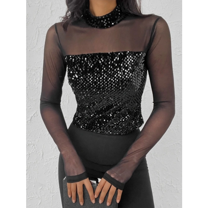 Kadın Siyah Uzun Kollu Kolları Ve Dekolte Tül Ve Payet Detay Balıkçı Yaka Bluz