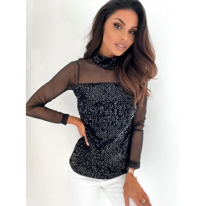 Kadın Siyah Uzun Kollu Kolları Ve Dekolte Tül Ve Payet Detay Balıkçı Yaka Bluz