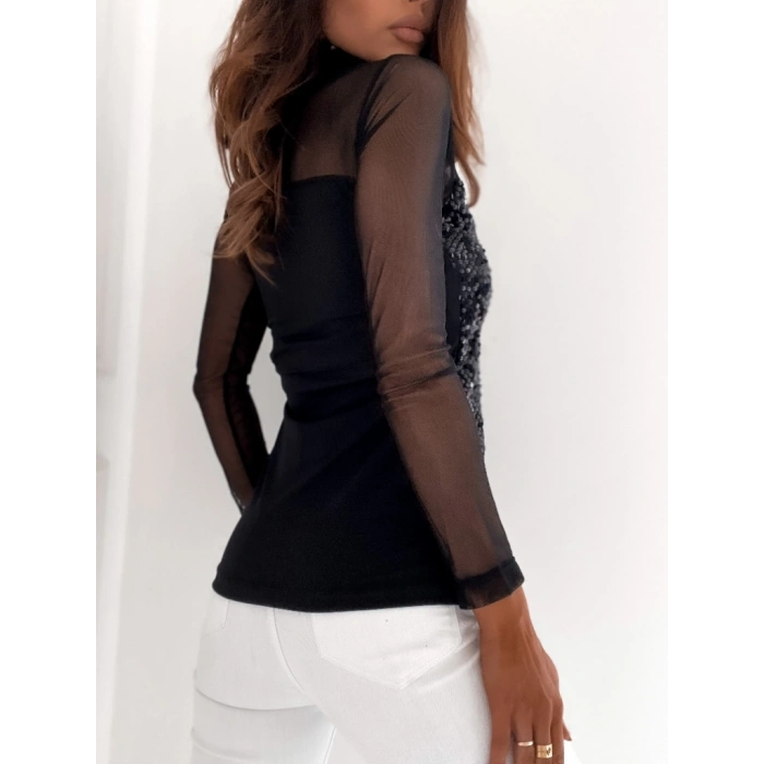 Kadın Siyah Uzun Kollu Kolları Ve Dekolte Tül Ve Payet Detay Balıkçı Yaka Bluz