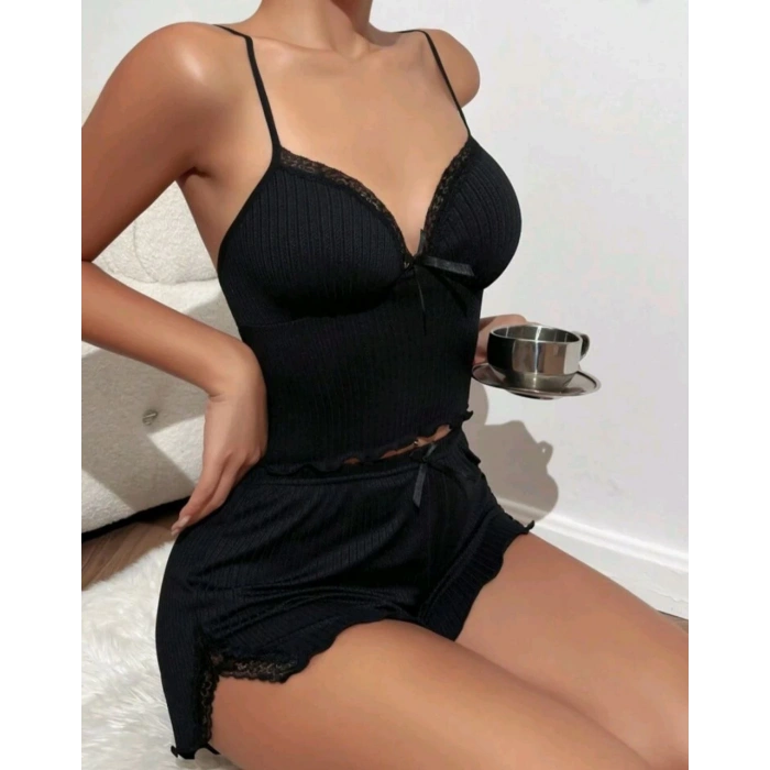kadın siyah şortlu gecelik takım 5016