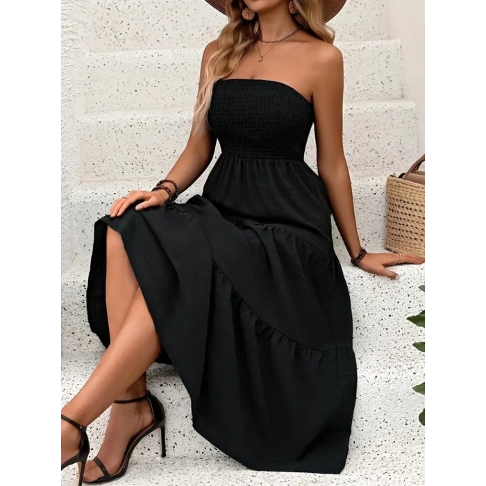 Kadın Straplez Göğüsten Lastikli Kloş Aerobin Uzun Elbise