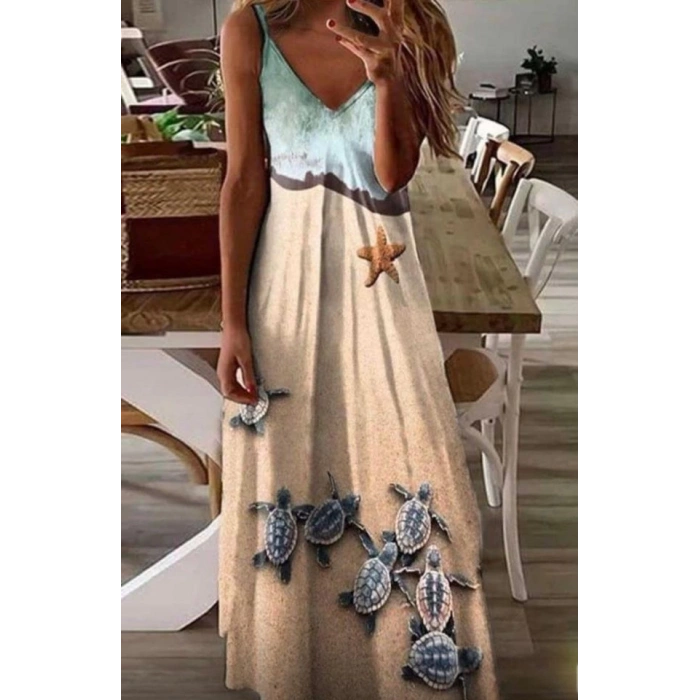 Kadın Süprem Kumaş Dijital Baskılı Askılı Elbise