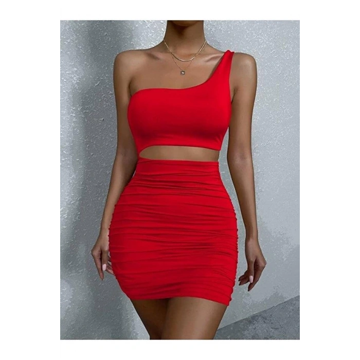 Kadın Tek Omuz Kesim Detaylı Büzgülü Fantezi Elbise 5078