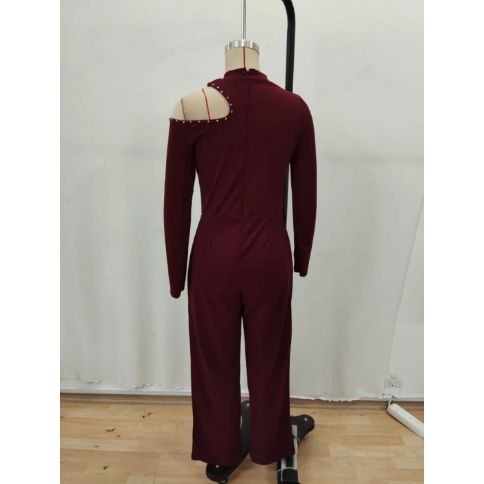 Kadın Tek Omuzdan Açık Balıkçı Yaka Taş Detaylı Uzun Ithal Krep Tulum