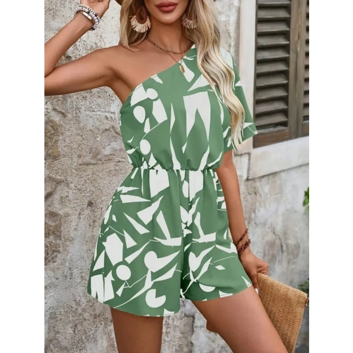 Kadın Tek Omuzdan Açık Beli Lastikli Desenli Süprem Tulum