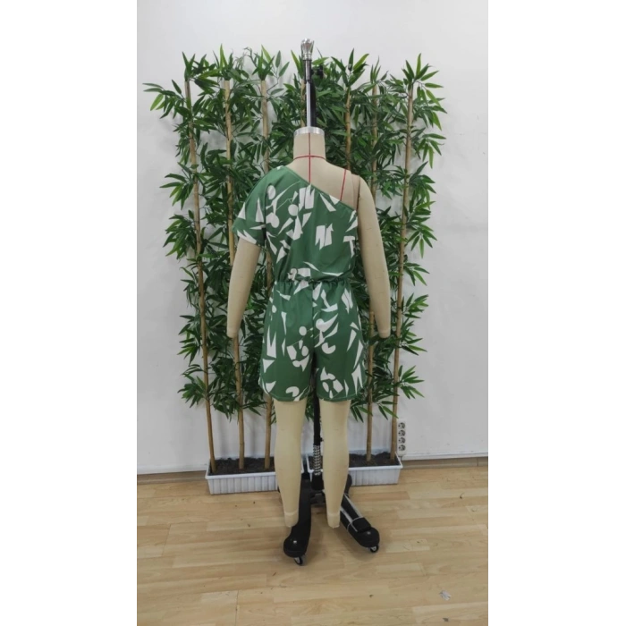 Kadın Tek Omuzdan Açık Beli Lastikli Desenli Süprem Tulum