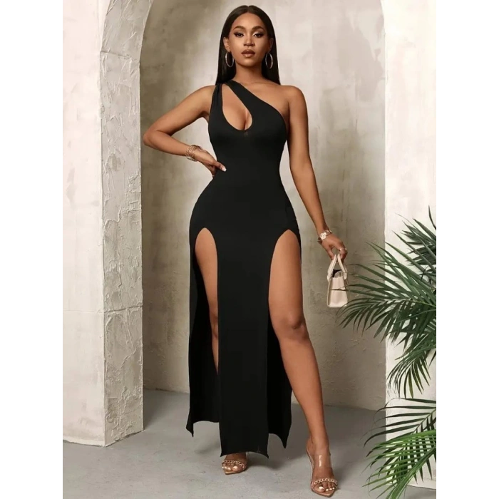 Kadın Tek Omuzdan Açık Damla Detaylı Yırtmaç Detaylı Uzun Janjan Krep Elbise