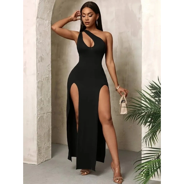 Kadın Tek Omuzdan Açık Damla Detaylı Yırtmaç Detaylı Uzun Janjan Krep Elbise