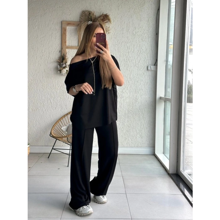 Kadın Tek Omuzdan Açık Geniş Kesim Viskon Iki Iplik Bluz Ve Pantolon Ikili Takım