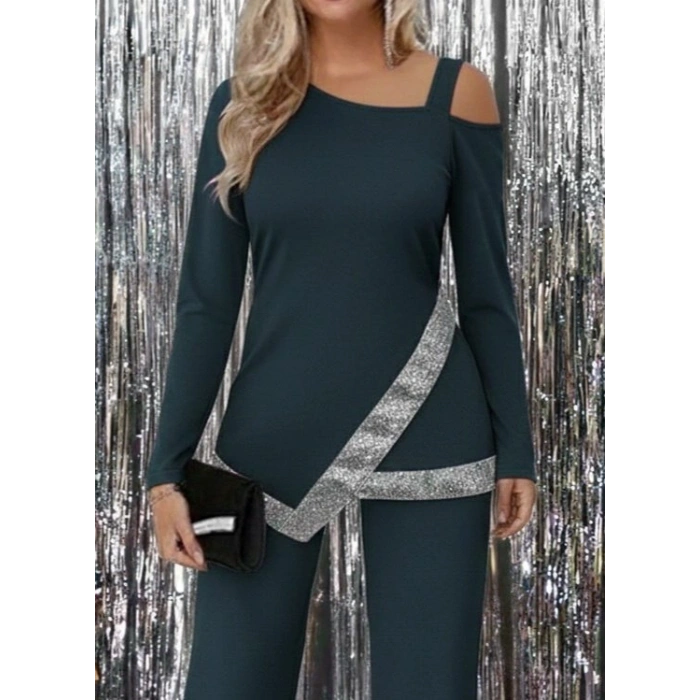 Kadın Tek Omuzdan Açık Uzun Kollu önü Pulpayet Ithal Krep Bluz Ve Pantolon