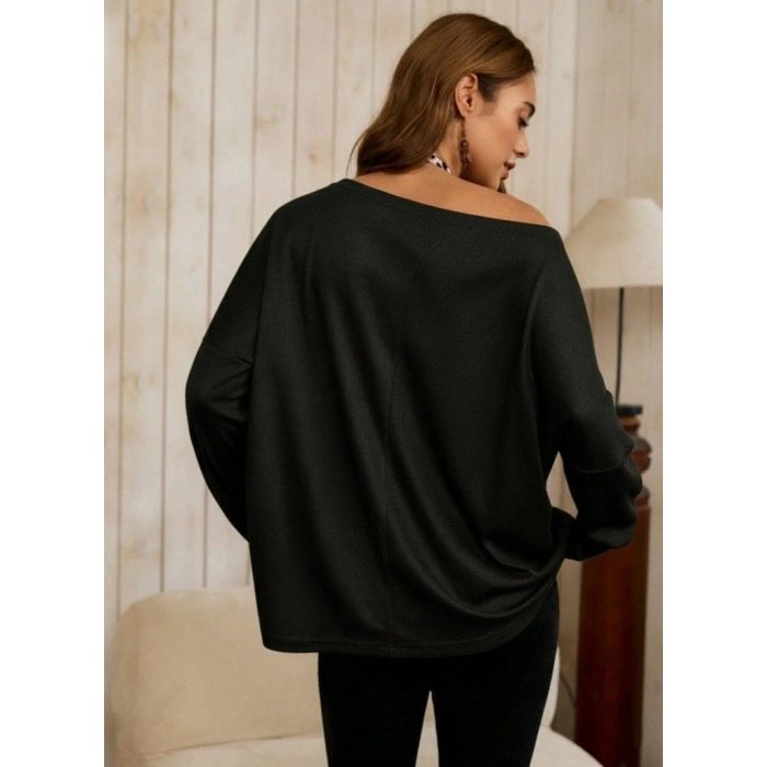 Kadın Tek Omuzdan Açık Yarasa Kollu Waffle Bluz