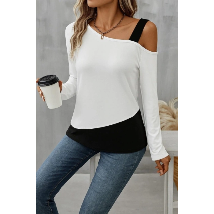 Kadın Tek Omuzu Açık Askılı çift Renkli Uzun Kollu Viskon Bluz