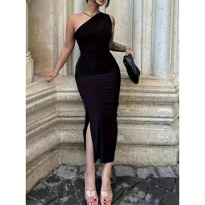 Kadın Tek Omuzu Açık Büzgülü Yandan Yırtmaçlı Uzun Sandy Elbise