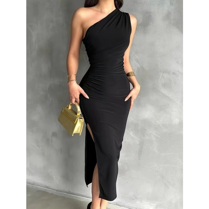 Kadın Tek Omuzu Açık Büzgülü Yandan Yırtmaçlı Uzun Sandy Elbise