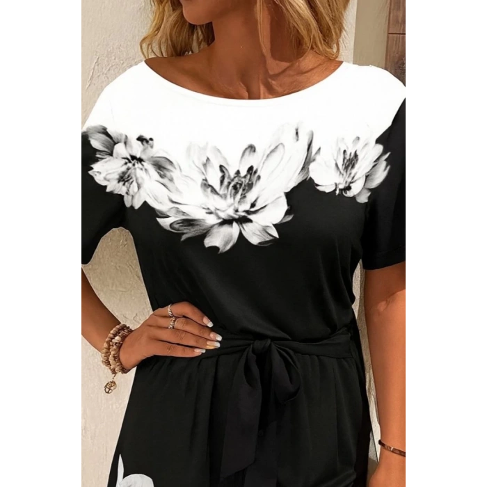 Kadın Tek Omuzu Açık çiçek Desenli Beli Kuşaklı Iki Iplik Mini Short Tulum