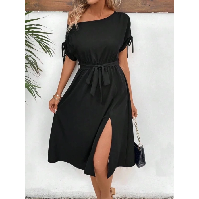 Kadın Tek Omuzu Açık Kol Ucu Fiyonklu Belden Kuşaklı Yırtmaç Detaylı Viskon Elbise