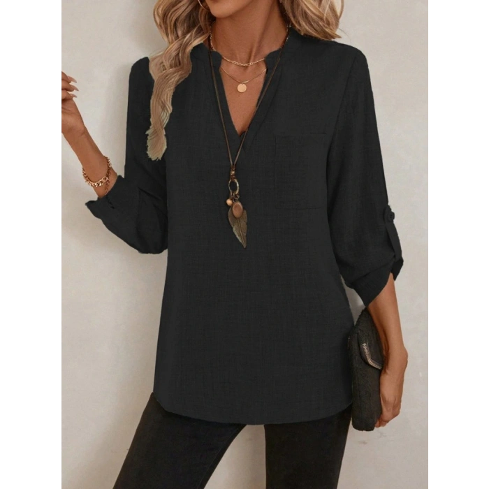 Kadın Truvakar Kol V Yakalı Keten Bluz