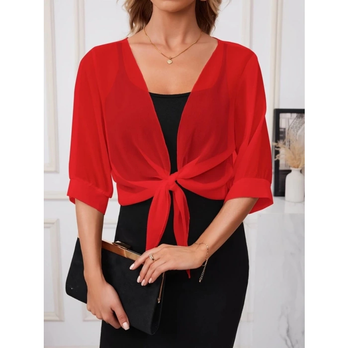 Kadın Truvakar Kollu önden Bağlamalı Kısa şifon Bolero Ceket