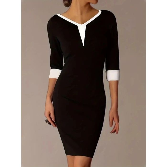 Kadın Truvakarkol V Yakalı Blok Renkli Kısa Janjan Krep Elbise