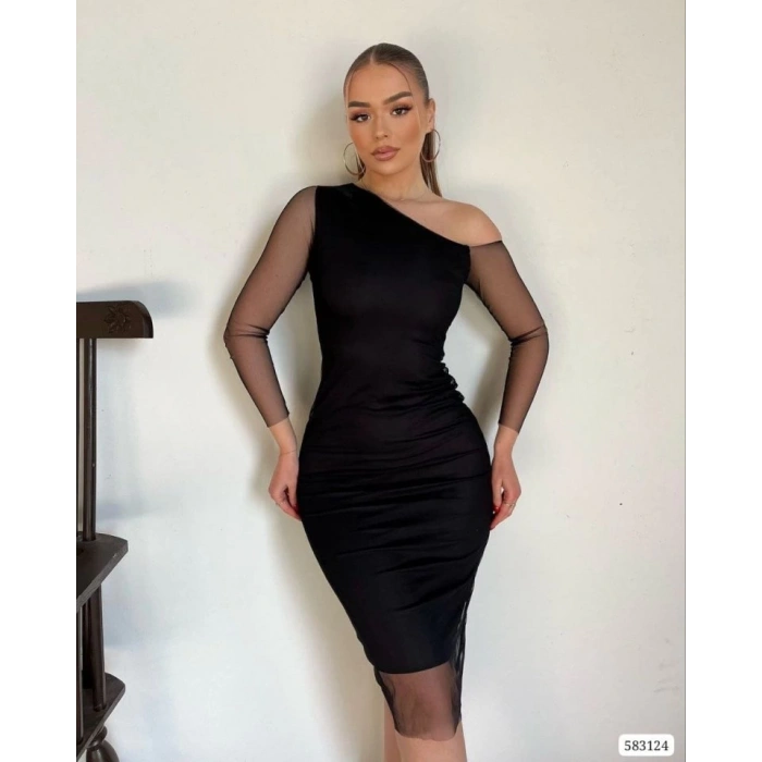 Kadın Tül Astarlı Tek Omuz Detaylı Elbise