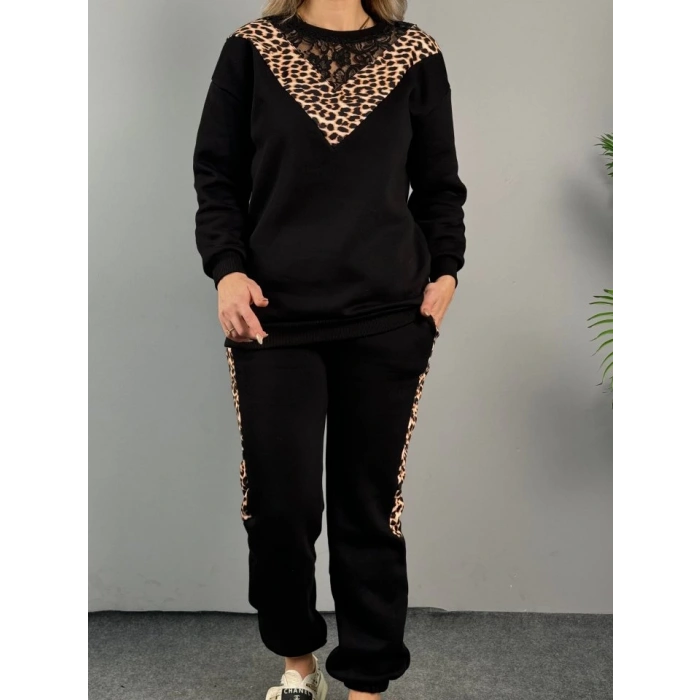 Kadın üç Iplik Kumaş Leopar Desenli Dantel Detaylı Ikili Takım