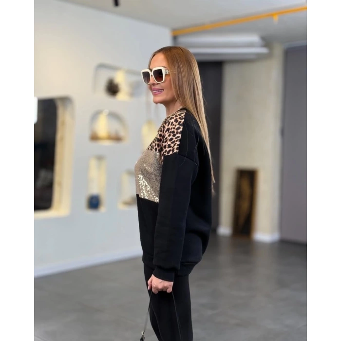 Kadın üç Iplik şardonlu Kumaş Leopar Desenli Bluz