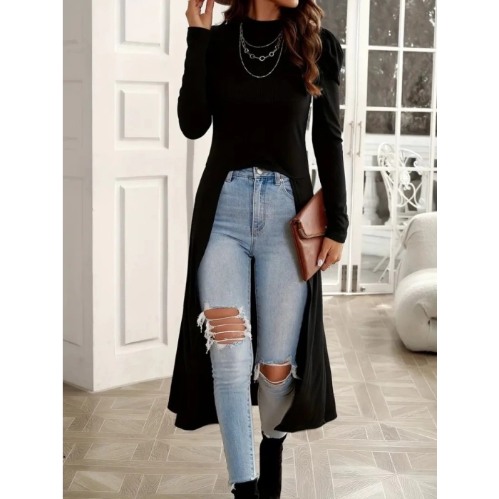 Kadın Uzun Balon Kollu Yarı Balıkçı Yaka önü Açık Kaşkorse Tunik