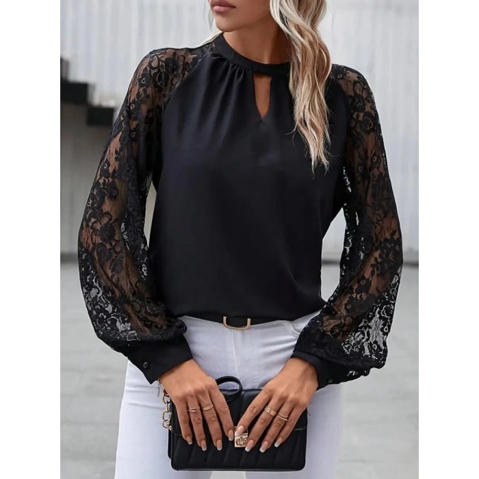 Kadın Uzun Dantel Kollu Yuvarlak Yakalı Sandy Bluz