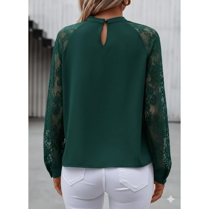 Kadın Uzun Dantel Kollu Yuvarlak Yakalı Sandy Bluz
