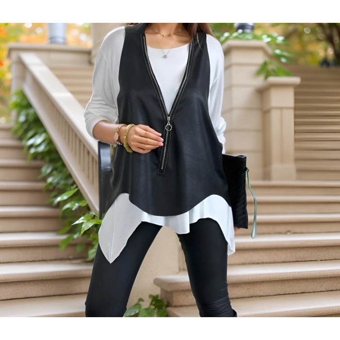 Kadın Uzun Kol Asimetrik Kesim Viskon Bluz Ve çatlak Deri Görünümlü Fermuar Detaylı Yelek Ikili Takım