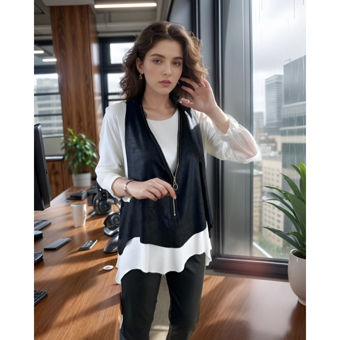 Kadın Uzun Kol Asimetrik Kesim Viskon Bluz Ve çatlak Deri Görünümlü Fermuar Detaylı Yelek Ikili Takım