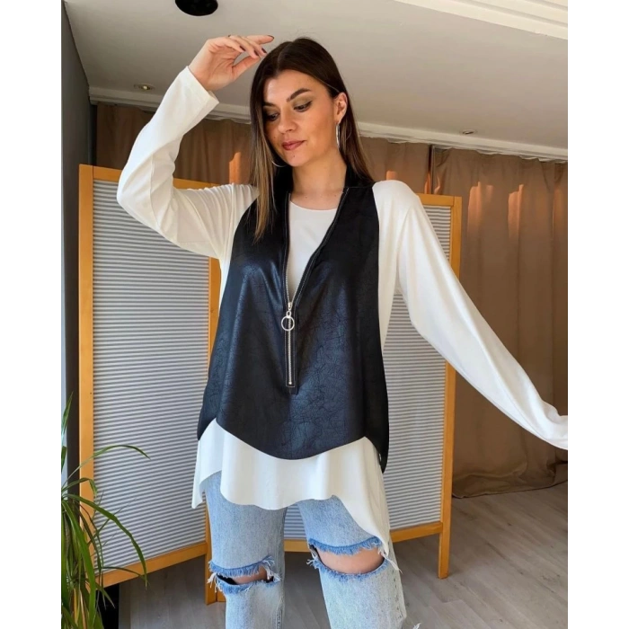 Kadın Uzun Kol Asimetrik Kesim Viskon Bluz Ve çatlak Deri Görünümlü Fermuar Detaylı Yelek Ikili Takım