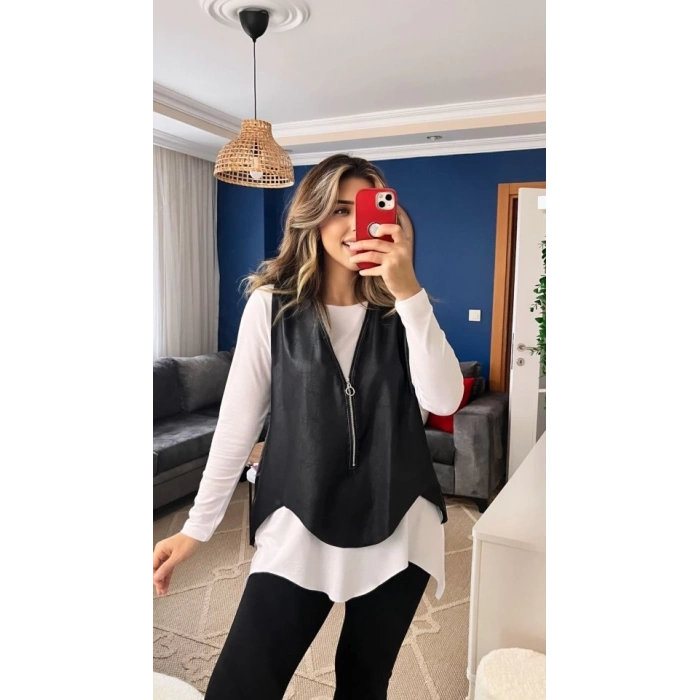 Kadın Uzun Kol Asimetrik Kesim Viskon Bluz Ve çatlak Deri Görünümlü Fermuar Detaylı Yelek Ikili Takım