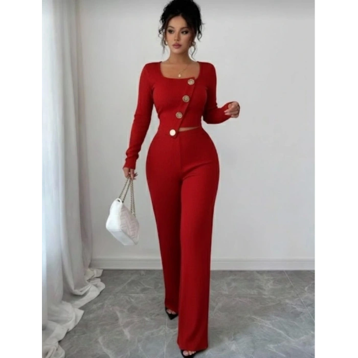 Kadın Uzun Kol Kare Yaka Asimetrik Düğme Detay Bluz Ve Yüksek Bel Pantolon Ikili Takım