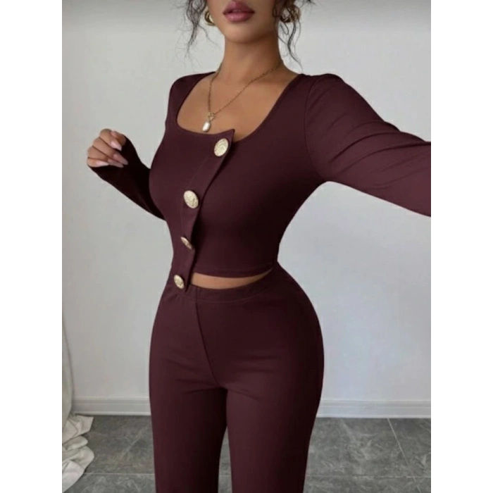 Kadın Uzun Kol Kare Yaka Asimetrik Düğme Detay Bluz Ve Yüksek Bel Pantolon Ikili Takım